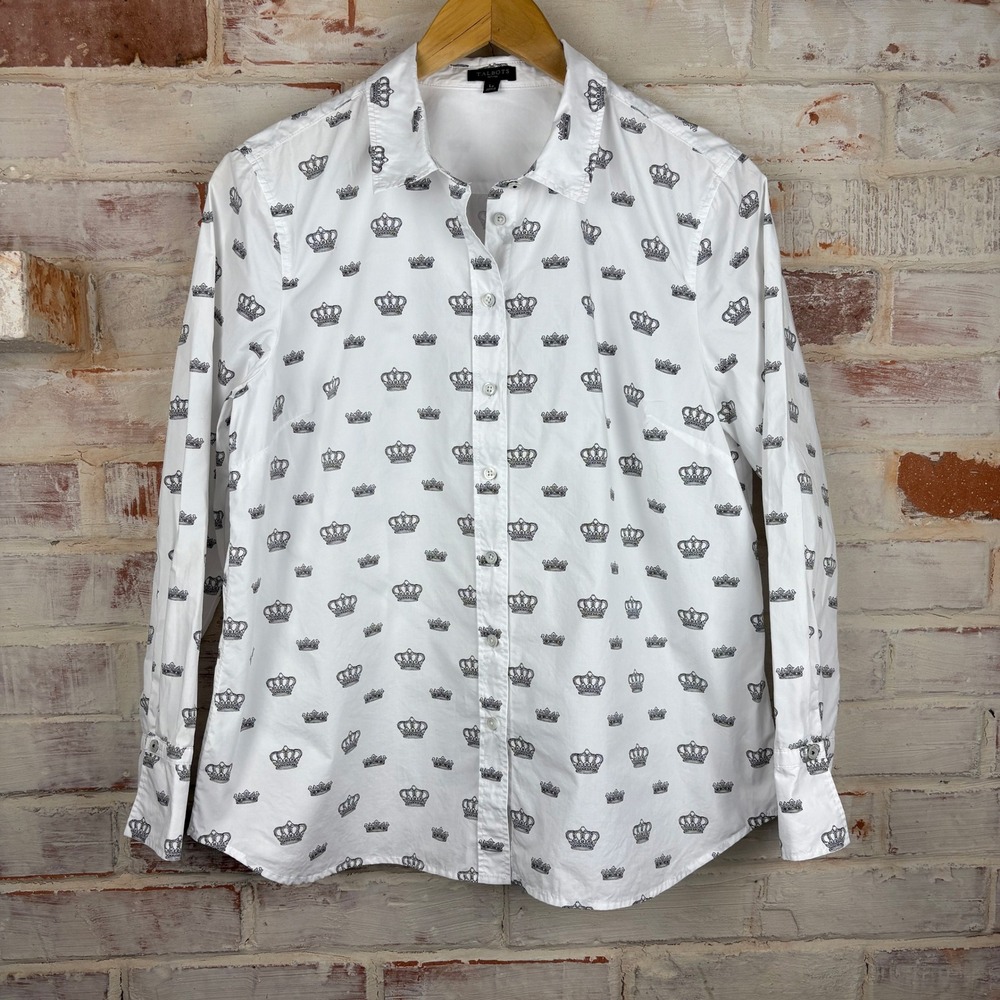 Talbots Petite LP Crown Print Cotton Long Sleeve Shirt White Grey Novelty Preppy